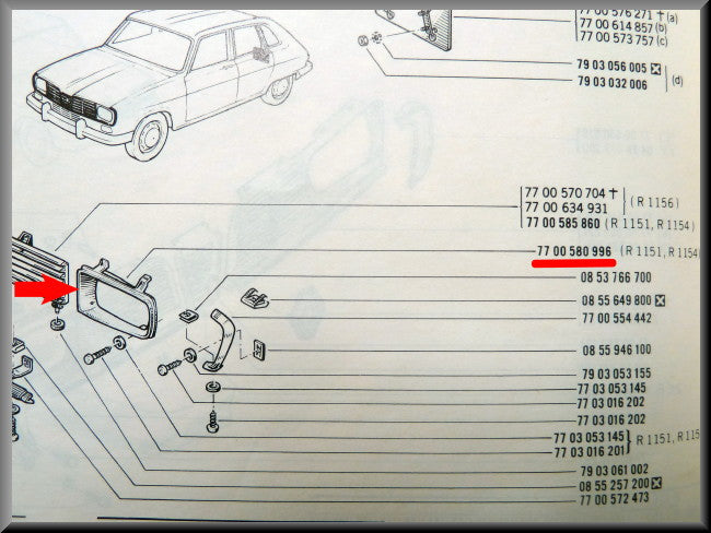 Cadre de phare gauche (plastique) – Renault 16 TL, TS >1972 – OEM 7700580996