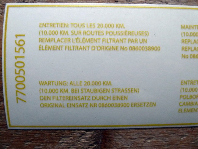 Autocollant transparent pour le filtre à air – Renault 16 TS
