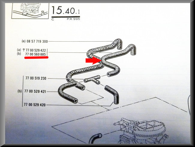 Coolant hose from water pump to carburetor base – Renault 16 TX (1156) – OEM 7700560885