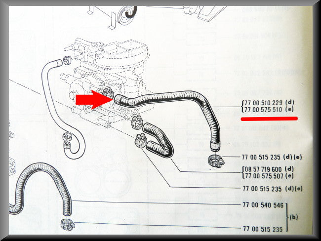 Tuyau de refroidissement collecteur carburateur – Renault 16 TX (1156) – OEM 7700575510