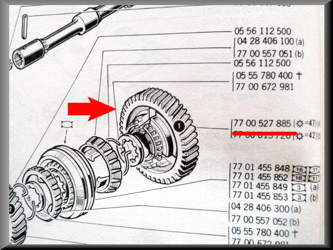 Tandwiel 1e versnelling (47 tanden) – Renault 12 – Renault 16 - Renault 8 - Renault divers - OEM 7700527885