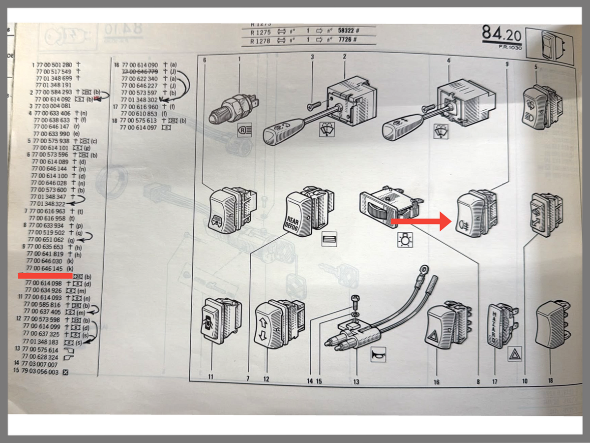 Contacteur antibrouillard - Renault 20 - Renault 30 - OEM 7700646030 / 7700635653
