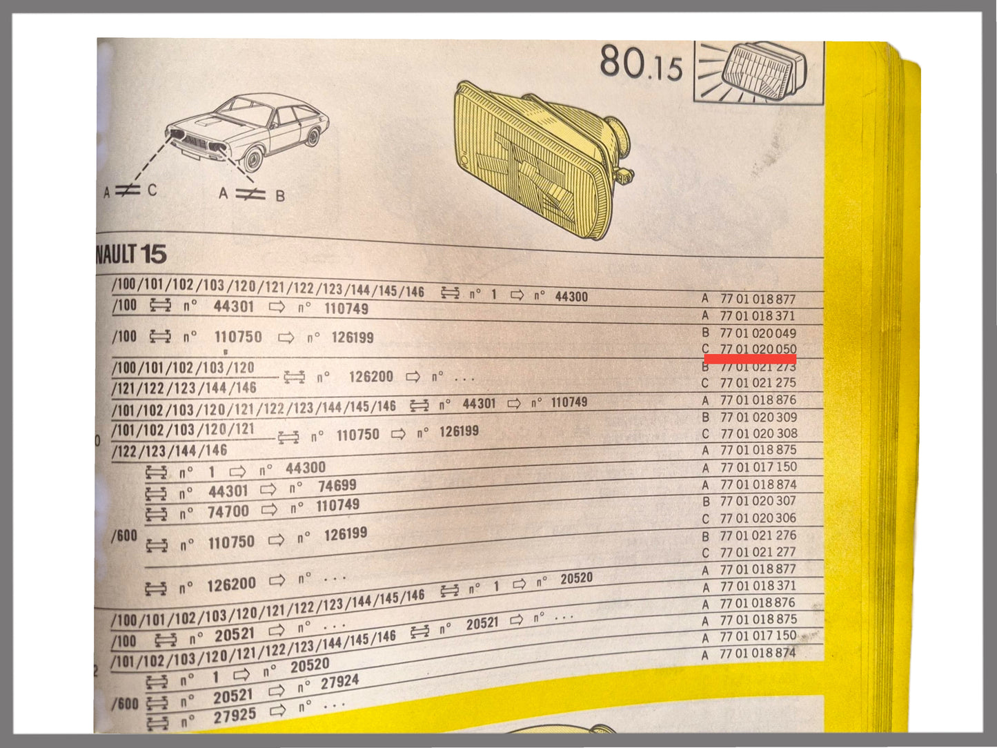 Koplamp Bilux Kangeroo (geel) rechts – Renault 15 – OEM 7701020050