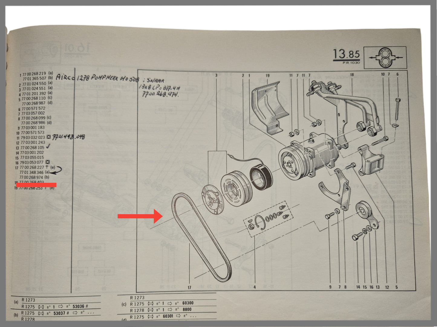 V rie.m aandrijving aircopomp - Renault 30 - OEM 7701348346 en 7700268974
