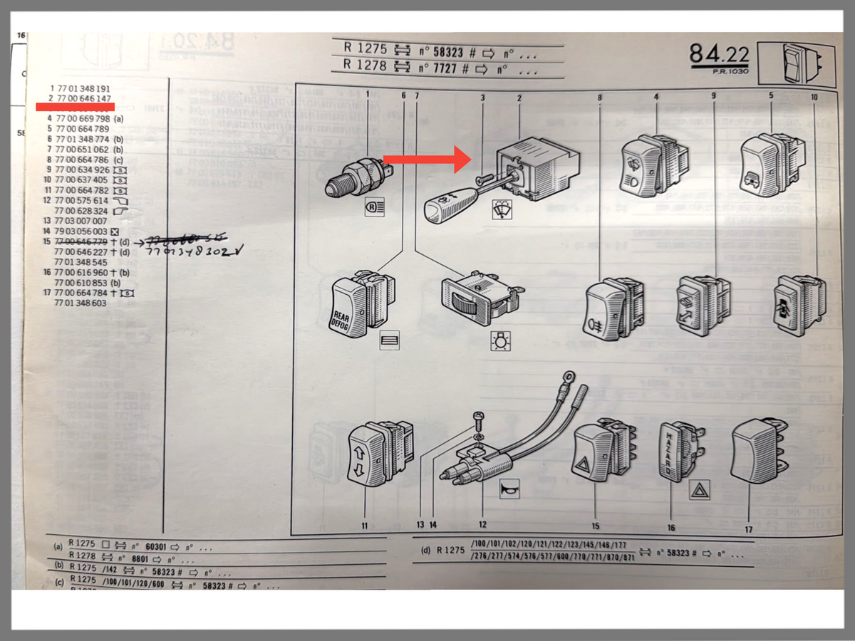 Contacteur d'essuie-glace - Renault 20 - Renault 30 - OEM 7700646147